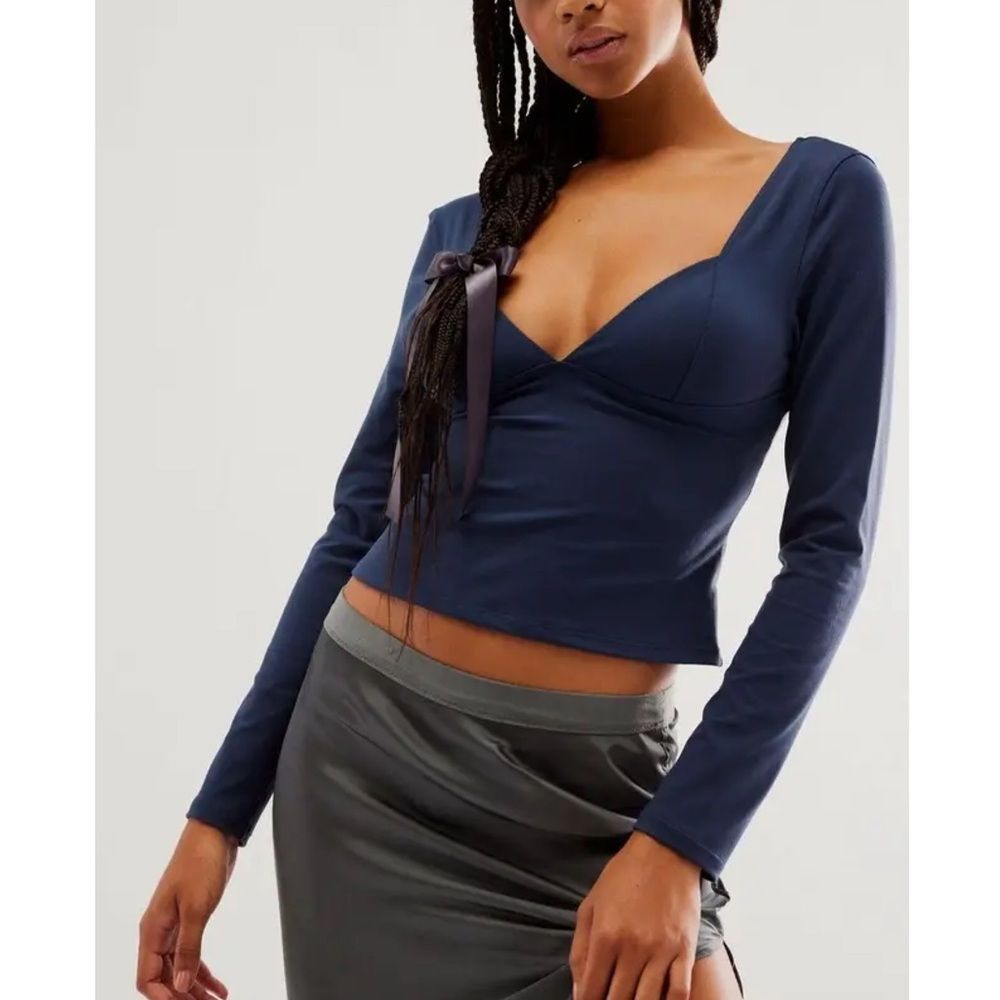 Free People Duo Corset Long Sleeve Cami V Neck Top Ancient Sea Navy Sz Large NWT